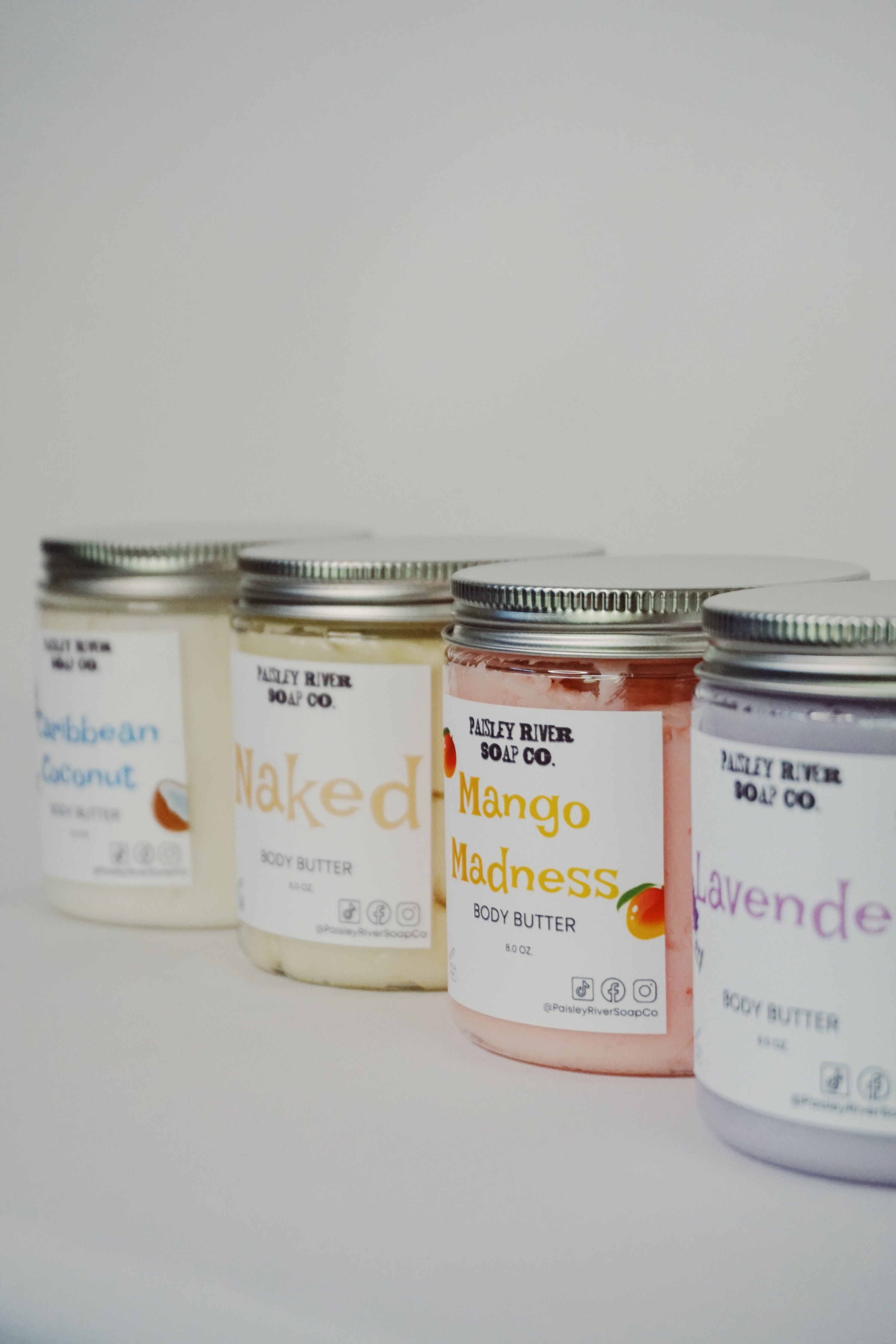 Caribbean Coconut, Naked, Mango Madness, and Lavender Body Butters.